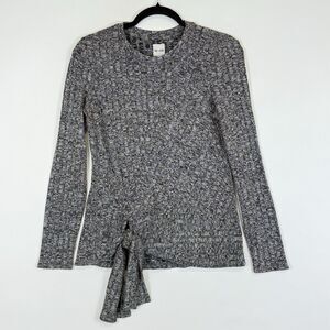 Nic + Zoe Womens XS Black White Heather Tie Front Pullover Crewneck Sweater